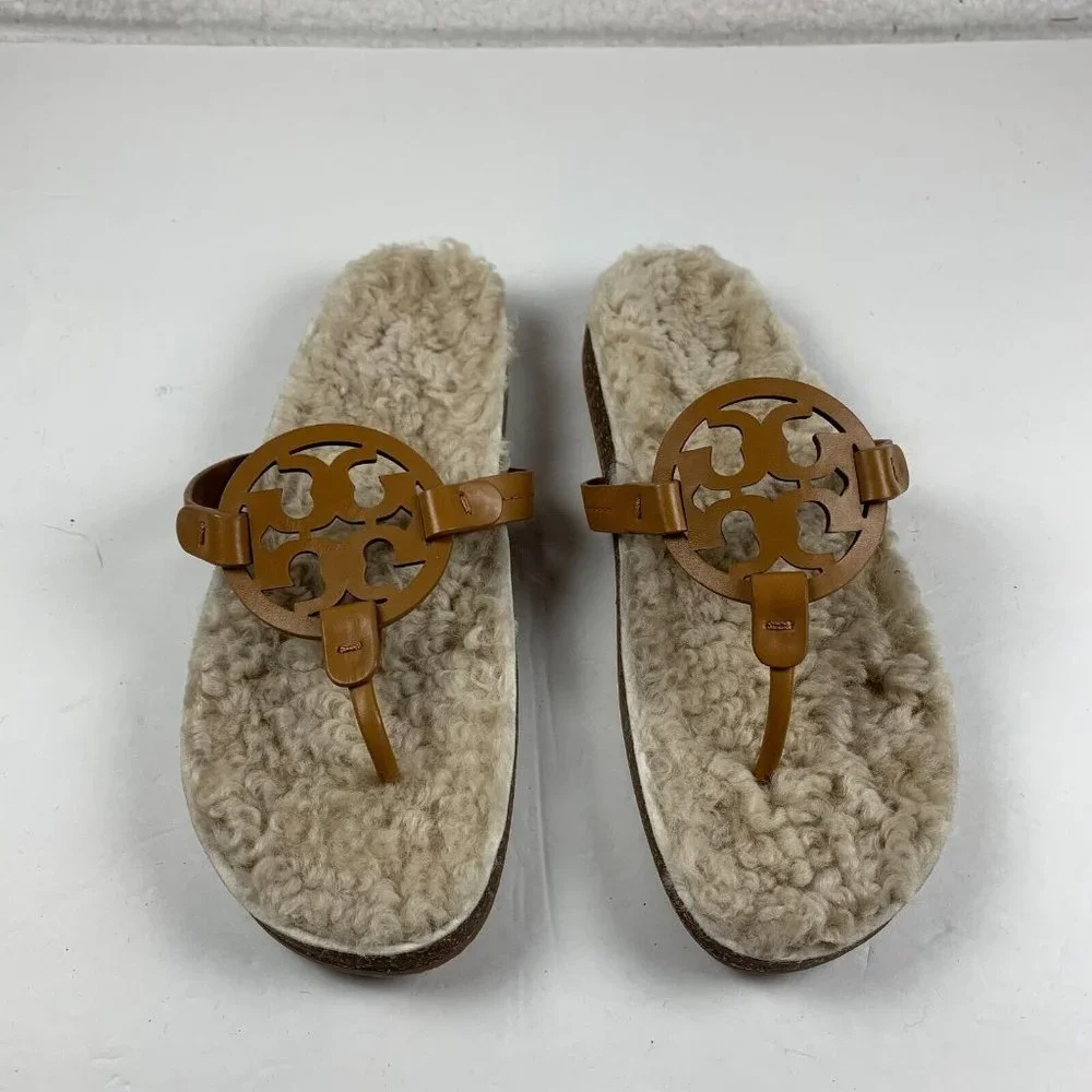 Tory Burch Miller‎ Cloud Shearling Women's Leather Sandal Size 9.5 Tan NIB S0404
